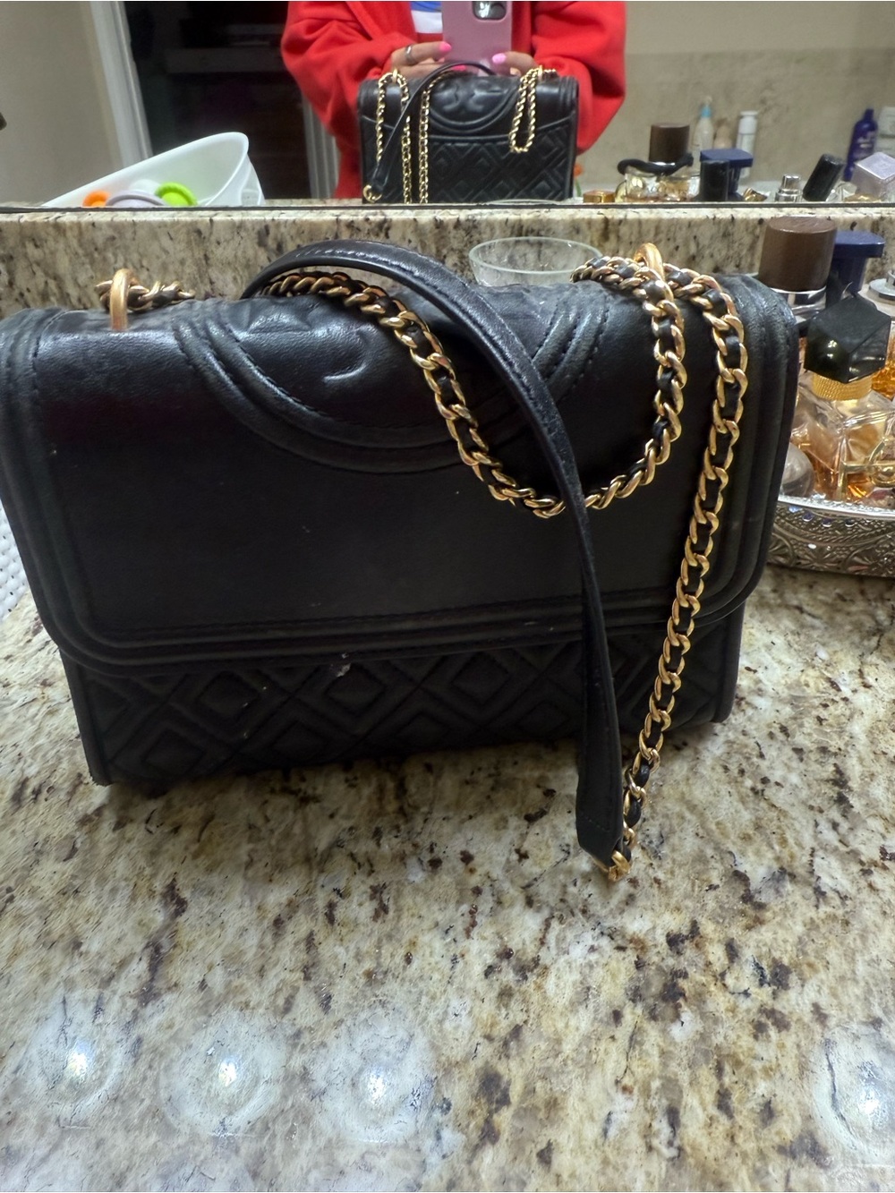 Tory Burch Black Quilted Shoulder Bag with Gold Chain
